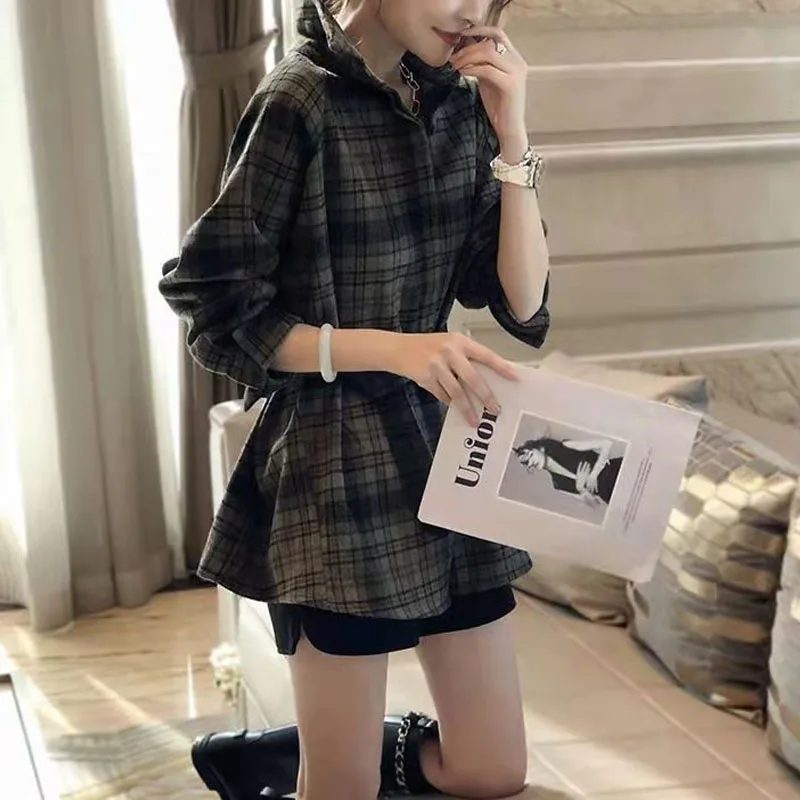 Spring Autumn Commute Fashion Button Plaid Shirt Korean All-match Turn-down Collar Bandage Thick Blouse Women\'s Clothing 2024