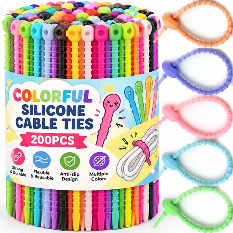 Colorful Silicone Cable Ties Reusable Rubber Twist Ties for Bread Cords Elastic Adjustable Cable Organiser with Lock Buckle