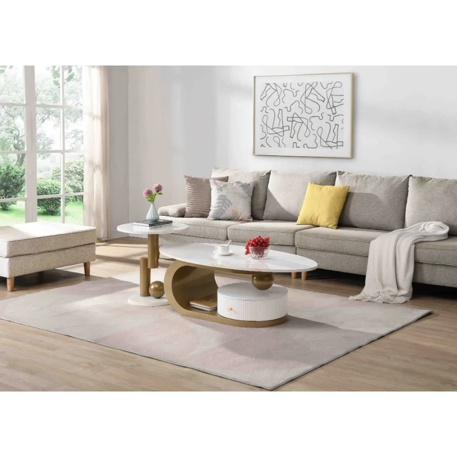Modern Nesting Golden Coffee Table Set of 2 End Table for Living Room Oval and Round Table Set