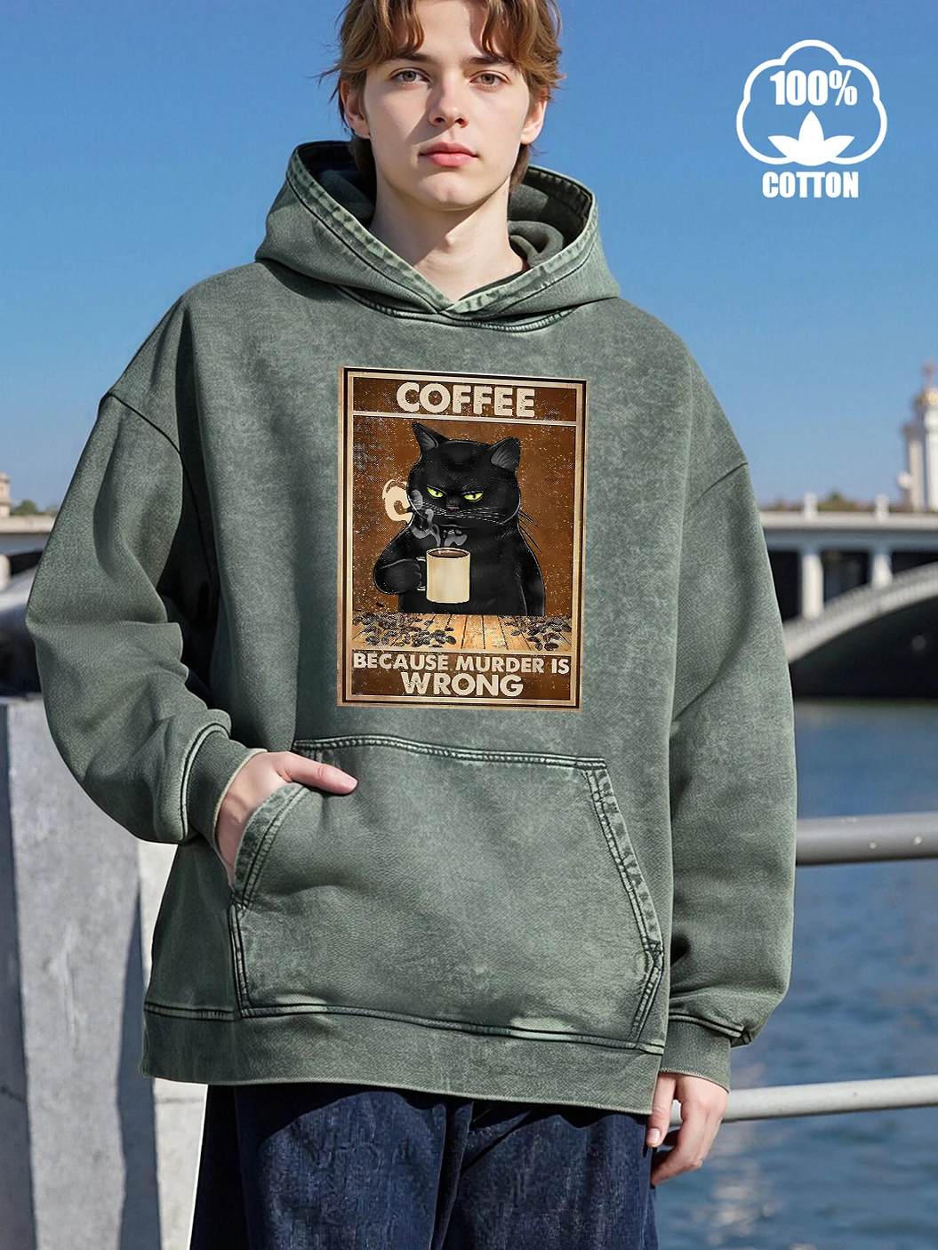 القهوة القط Beacuse القتل خاطئة طباعة غسلها هوديي الشارع ملابس كبيرة الحجم فضفاضة عارضة البلوز مريح القطن الرياضية