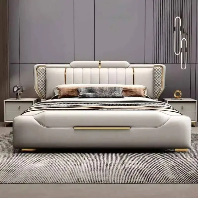 

European Luxury Modern Wedding Bed Light Leather Wood King Size Bed Twin Confortable High Quality Cama De Casal Home Furniture
