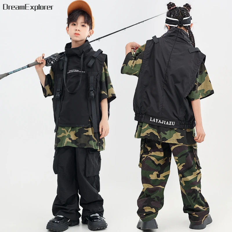 Boys Hip Hop Vest Camouflage T-shirt Cargo Pants Girls Street Dance Clothes Sets Kids Streetwear Child Jazz Military Outfits