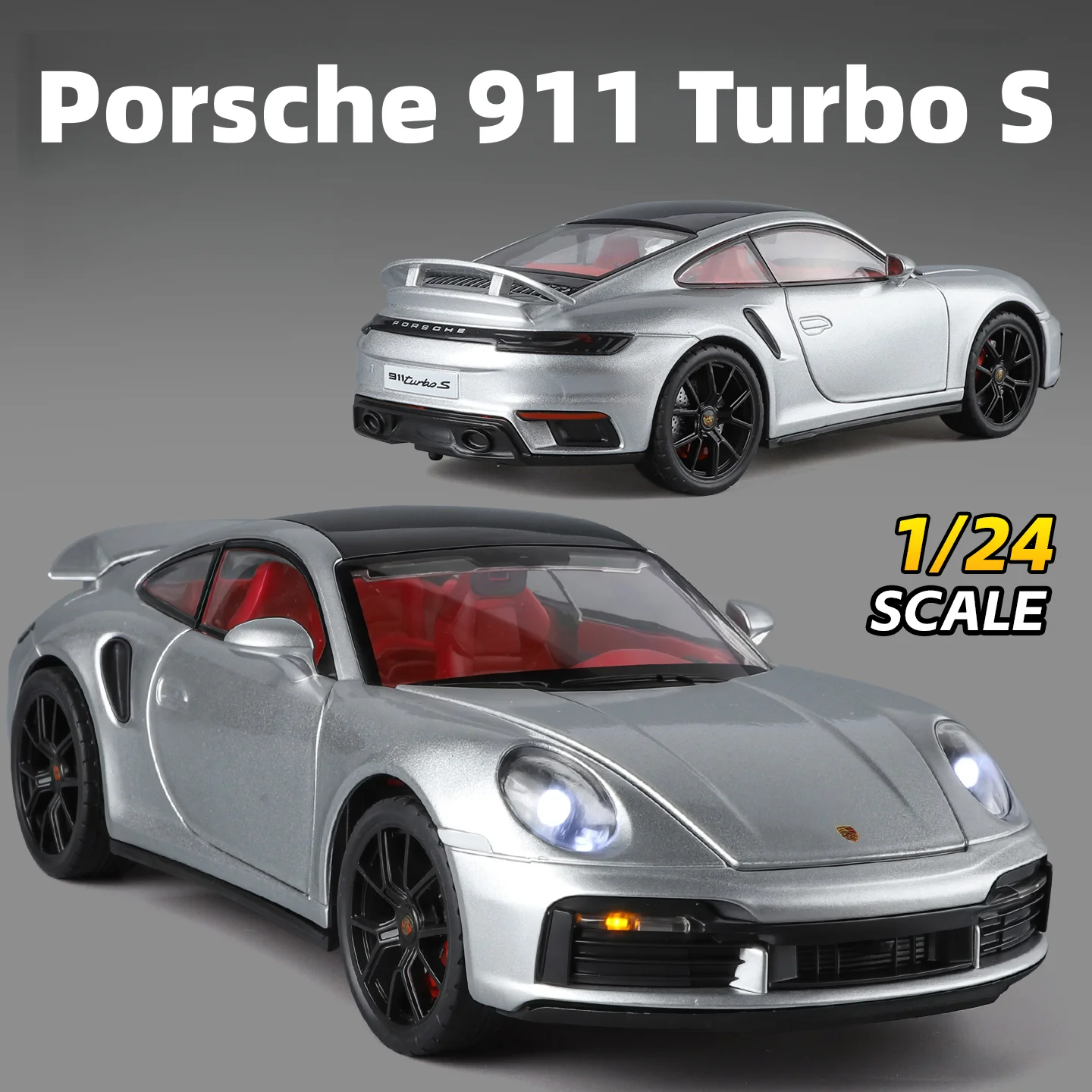 

Масштабная модель Porsche 911 Turbo S 1:24, литая из металла, с функцией отката, звуком и светом, открывающиеся двери, коллекционная, подарок для мальчика
