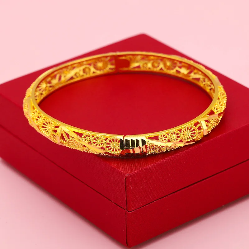 

24K real gold hollow four-leaf clover bracelet 9999 gold wide buckle women's festive wedding jewelry