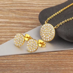 Nidin Authentic Gold Plated Women Wedding Engagement Jewelry Sets Round  Zircon Crystal Necklace Earrings New Year Party Gift