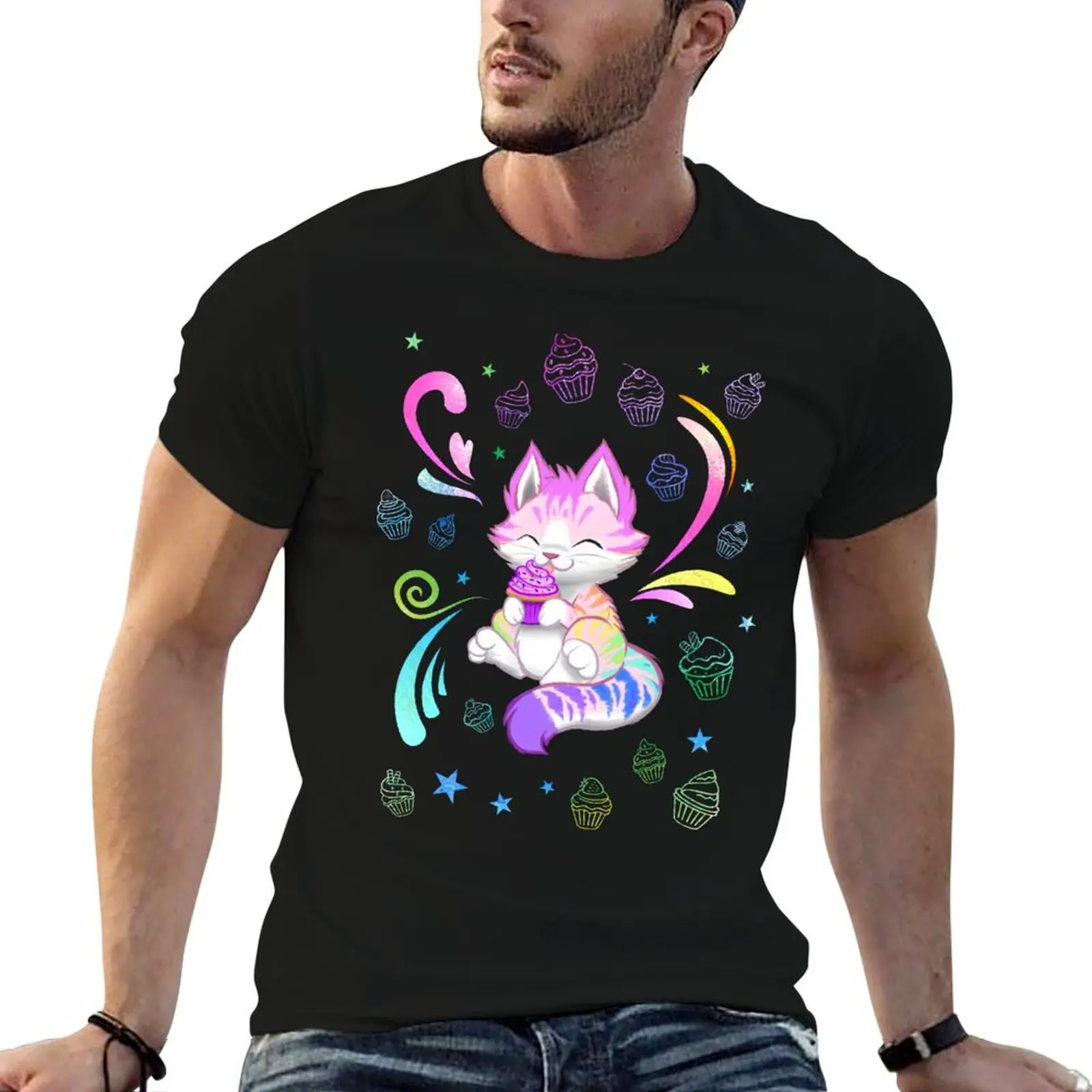 Rainbow Kitty with Cupcake T-Shirt Soft Durable Cotton T-Shirt
