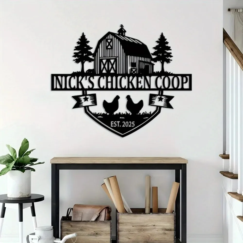 2D Flat Custom Chicken Coop Metal Sign, Barn Chicken Silhouette Personalized Iron Wall Hanging, Indoor Outdoor Farm Decor