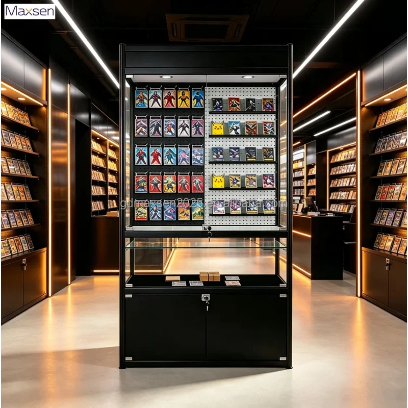 custom.Maxsen High Quality Tall Glass Trading Card Display Cabinet LED Strip Lights Lockable Design Custom/Black Backless