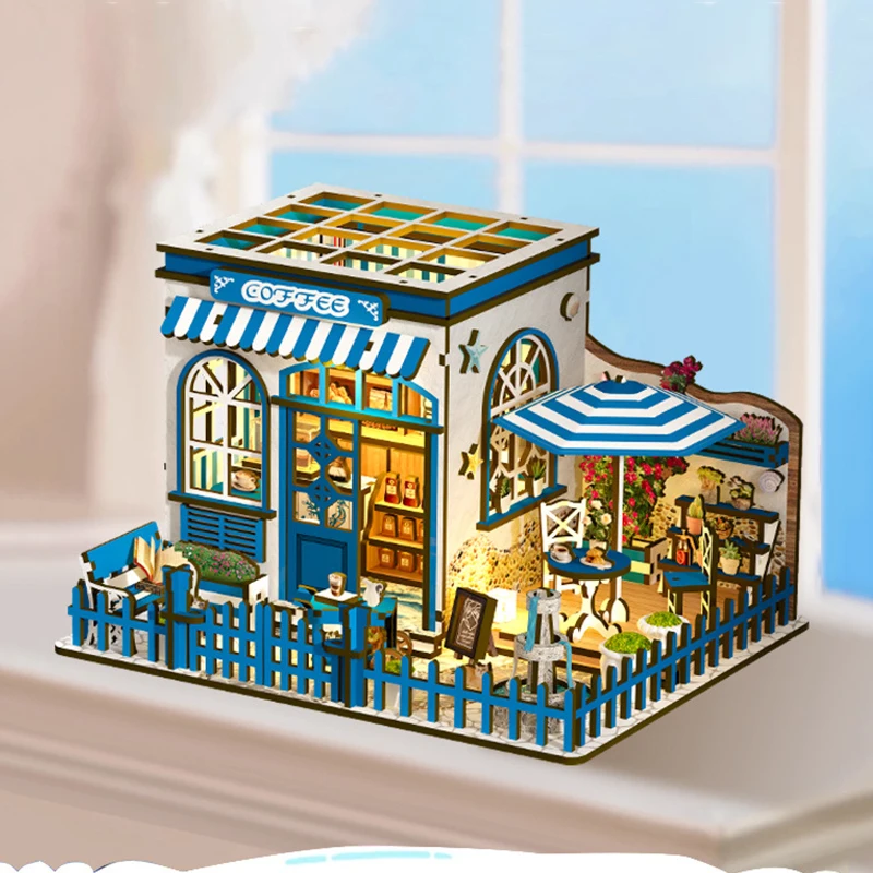 Diy casa de bonecas de madeira santorini sol café casa em miniatura com kit móveis montar brinquedo criança adulto presente aniversário casa