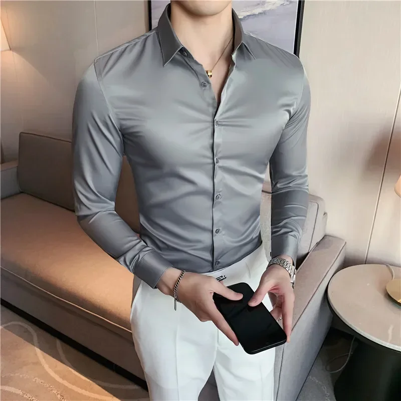 Men's Classic French Cuffs Solid Dress Shirt Covered Placket Formal Business Standard-fit Long Sleeve Office Work White Shirts