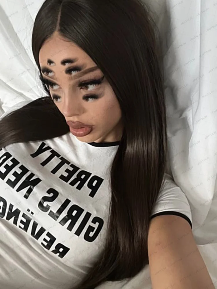 Pretty Girl Need Revenge Letter Crop Tops splice Black Hip Hop baby Tees Women Grunge Rock Short sleeve Tshirt Vintage Y2K Tops
