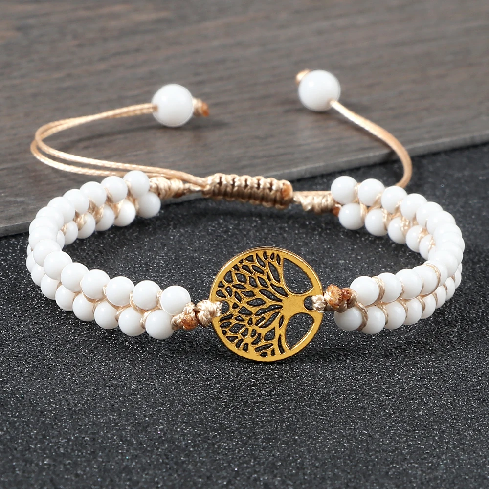 Boho doble fila 4MM pulsera de cuentas de porcelana blanca encanto árbol de la vida cabeza de león colgante brazaletes cadena joyería regalo para amigo nuevo