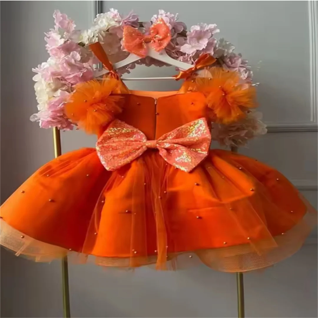 Customized Rose Pink Flower Girl Dress For Wedding Beaded Sleeveless Puffy Pageant Baby Gown Birthday First Communion Dress