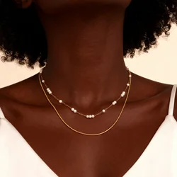 Layered Pearls Chain Necklace, 18k Gold Plated Snake Choker Necklace Gift for Women Christmas Gift