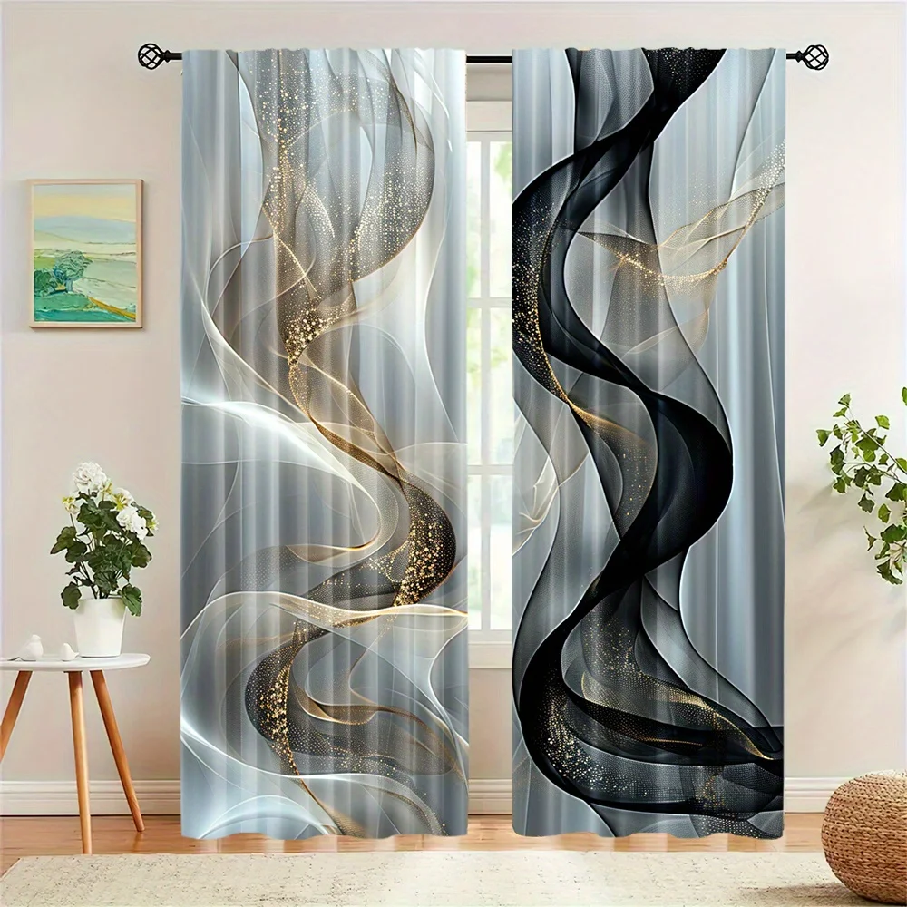 Elegant Geometric Wave Pattern 2-Piece Semi-Blackout Curtain Rod Pocket Polyester Woven Curtains for Bedroom Living Room Window