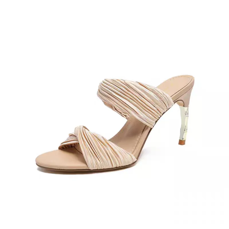2025Summer New French Style High Heels Natural Wrinkle Strap Cool Slippers Thin Heels Strap Silk Sandals