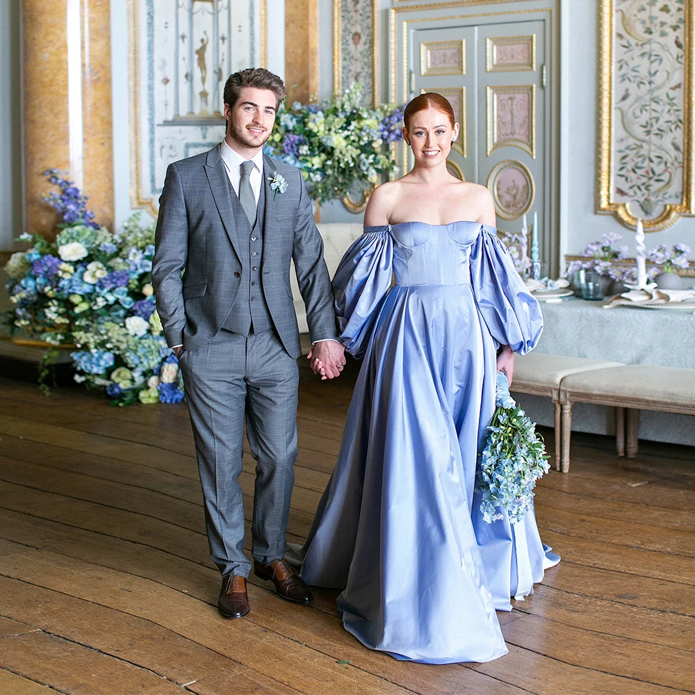 Elegant Blue Satin Wedding Dress Off The Shoulder Three Quarter Sleeves Colorful Bridal Gown Outdoor Bridal Dress TSWD714
