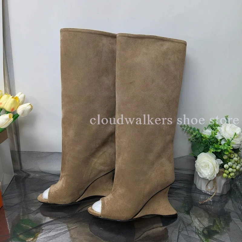 

New Peep Toe Suede Strange Heel Knee-High Boots Modern Girl Street Fashion Boots Niche Design Concise Slip On Leisure Walk Boots