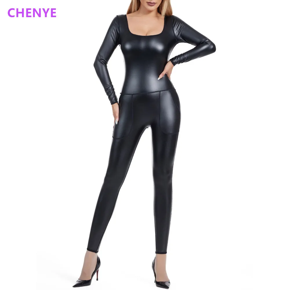 Women Sexy Seamless Bodysuit Butt Lifter Shapewear Waist Trainer Body Shaper Stretch PU Leather Jumpsuit with Pockets Party Club