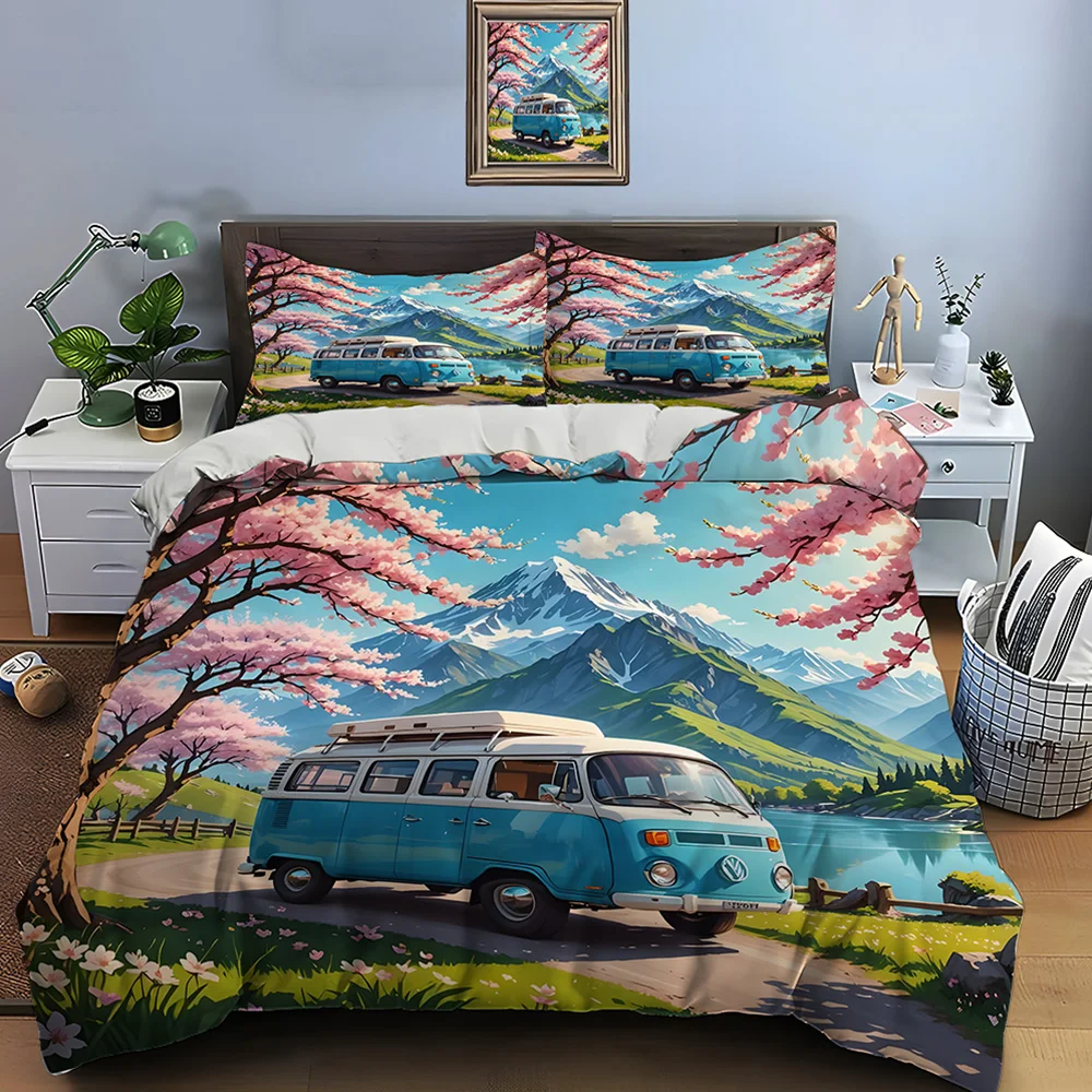 Spring mountain scenery with travel van Print Soft Comfortable Duvet Cover Bedding Set Included 1*Duvet Cover  2*Pillowcases
