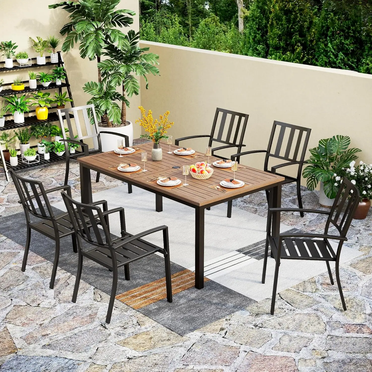 7 Pieces Outdoor Set for 6, 65” Wood-Like Metal Steel Table & Stackable Iron Dining Chairs, Large Dining Furnitur