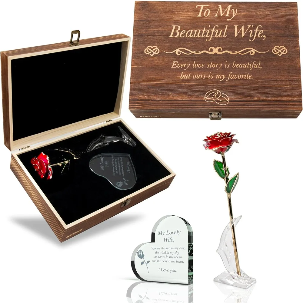 Anniversary for Wife Her Anniversary Women Engraved Wooden Gift Set 'To My Beautiful Wife' Includes Crystal Engraved