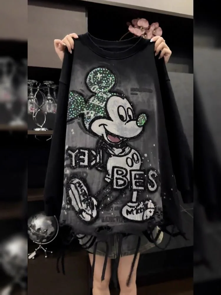 Europejska i amerykańska bluza z długim rękawem, luźna, z cekinami, perforacją i nadrukiem Myszki Miki.