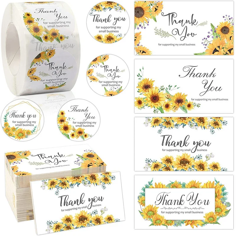 Etiqueta engomada redonda de dibujos animados de girasol, tarjeta de felicitación de comercial rectangular, tarjeta de agradecimiento, regalo de papel, pegatina decorativa para fiesta de niños