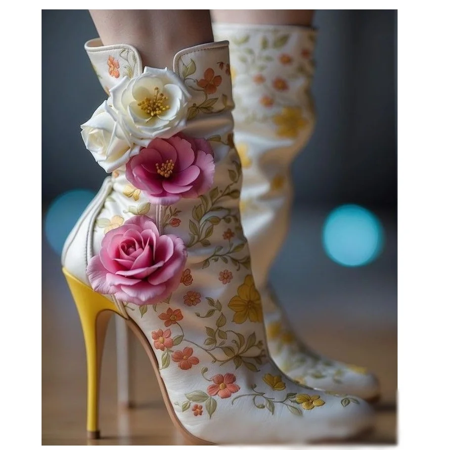 White Flower Decor Mid Calf Boots Pointed Toe Thin High Heel Fashionable Cool Western Winter Woman Shoes Zapatillas Mujer