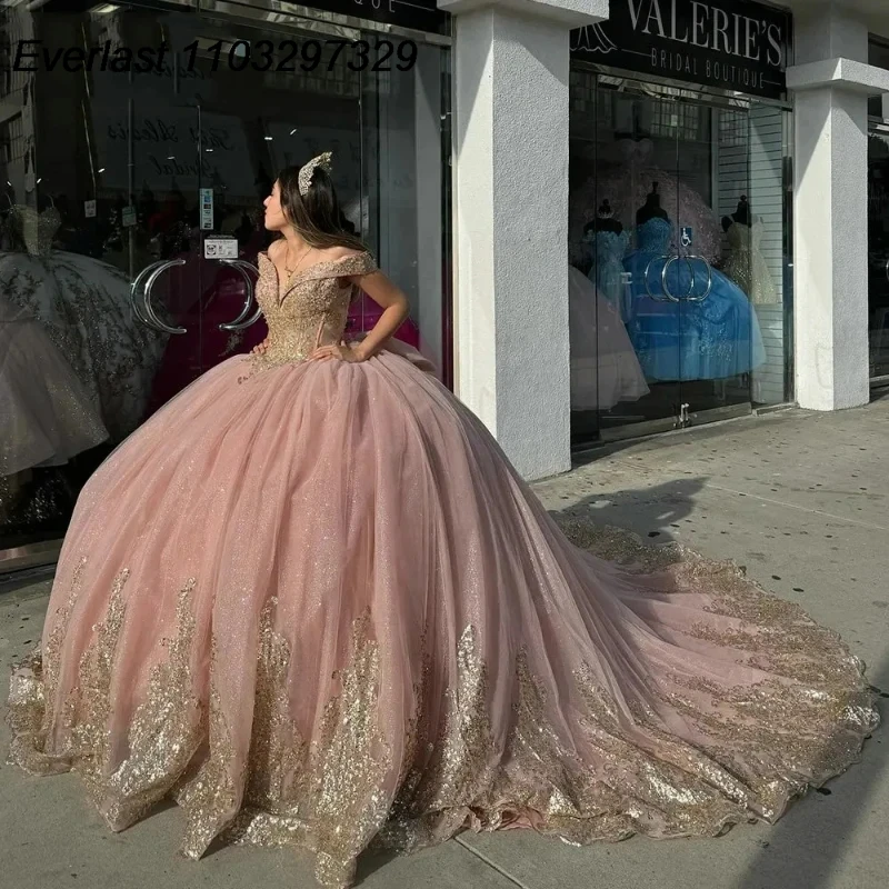 

EVLAST Shiny Pink Quinceanera Dress Ball Gown Gold Lace Appliques Beading Bow Mexico Corset Sweet 16 Vestido De 15 Anos TQD365