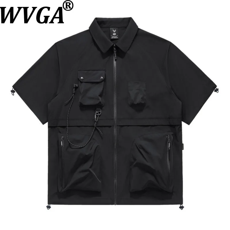 

WVGA Spring Summer New Men Functional Multi-Pocket Short Sleeve Shirt Safari Casual High Street Ins Loose Cardigan Zipper W11881