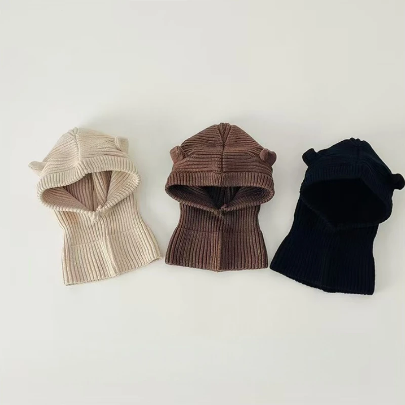 

0-6Y Kids Unisex Ribbed Knit Balaclava - Solid Color Hat & Neck Warmer Integrated Toddler Beanie