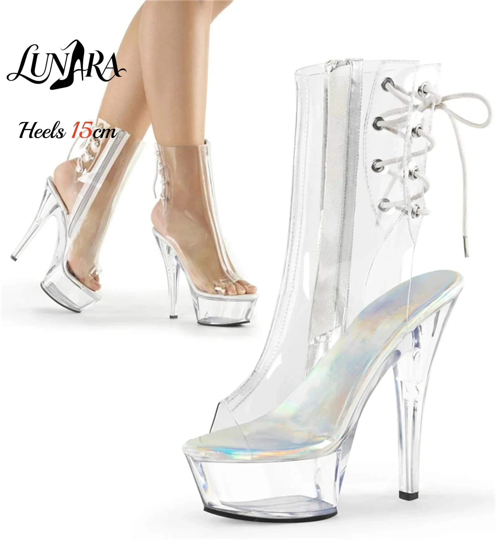 15cm/6Inch Clear Ankle Boot Lace-up Zipper Open toe Platform Stiletto Clear heels Stripper shoes Pole dance Nightclub Rave Party