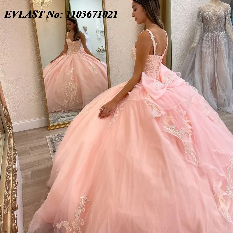 Evlast personalizado rosa quinceanera vestido de baile floral applique frisado arco méxico espartilho doce 16 vestidos de 15 anos sq566