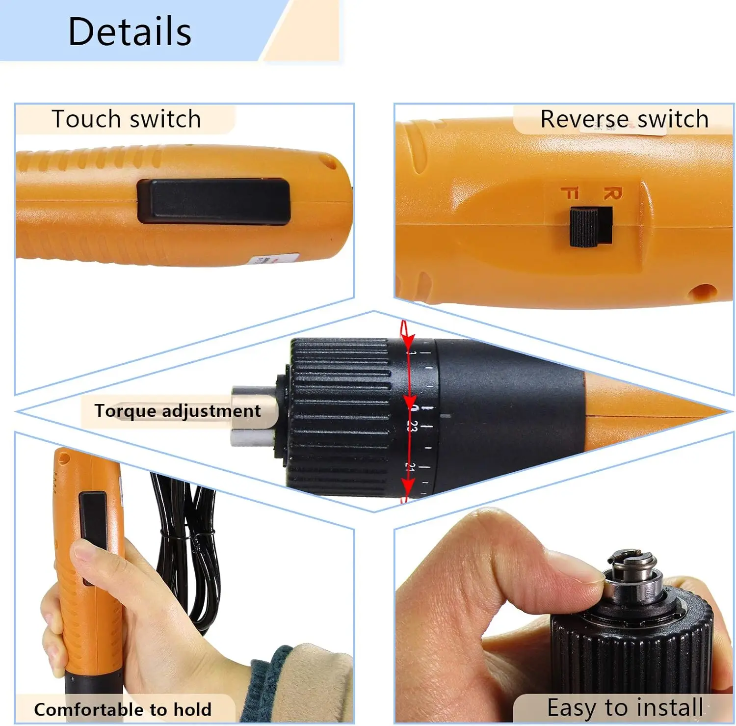 Juegos de destornilladores eléctricos Herramienta de taladro de torsión ajustable Cabezal de lote aplicable 4 mm 110-220 V (BSD-100)