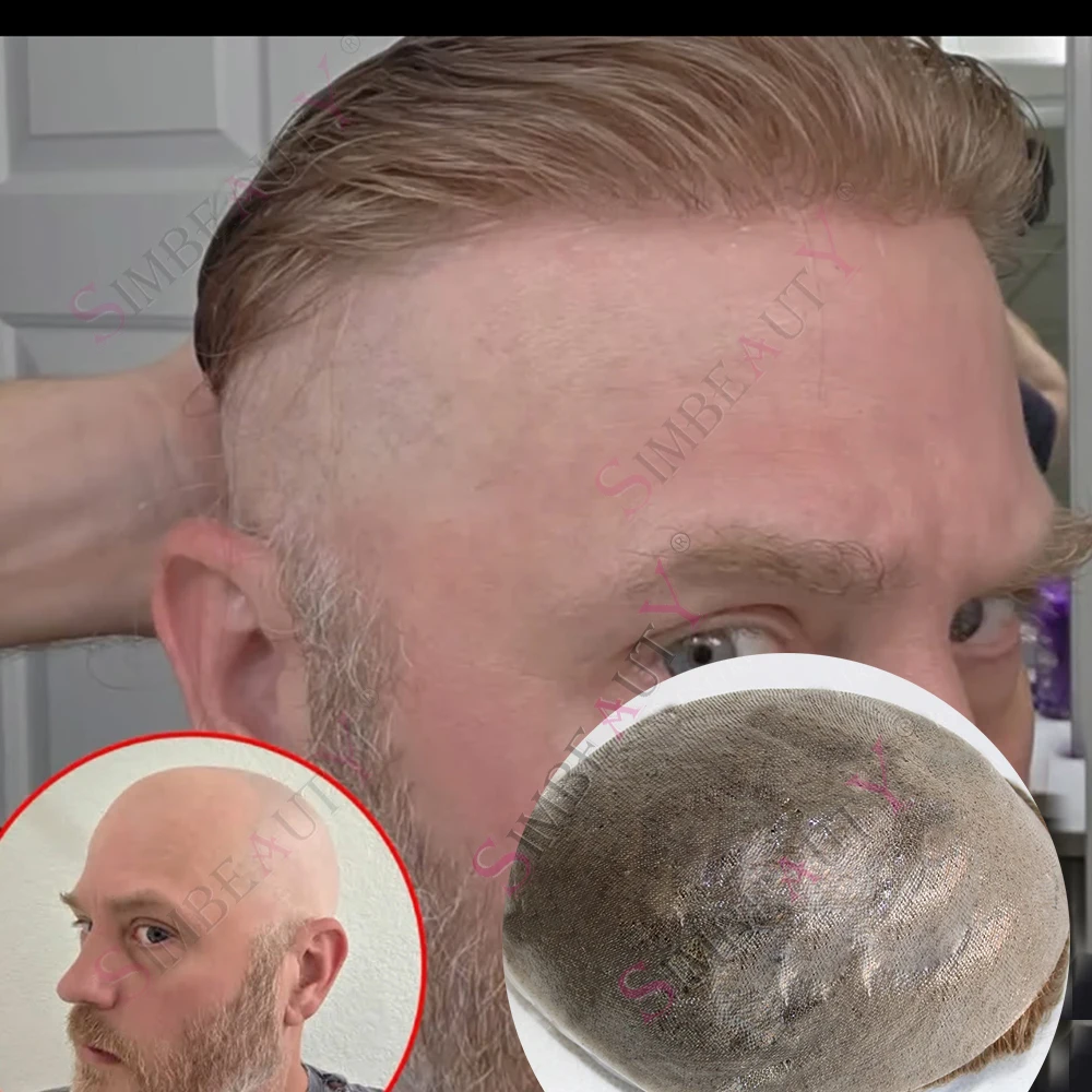 

European Male 22r# #18 Blonde Human Hair Prosthesis Invisible Hairline 0.02mm Ultra Thin Skin Toupee Men Wig Replacement System
