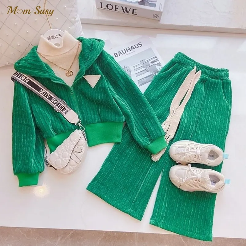 Baby Girl Boy Velvet Triangle Clothes Set Hooded Zipper Jacket+Pant 2PCS Infant Toddler Tracksuit Outfit Baby Clothes Suit 1-10Y