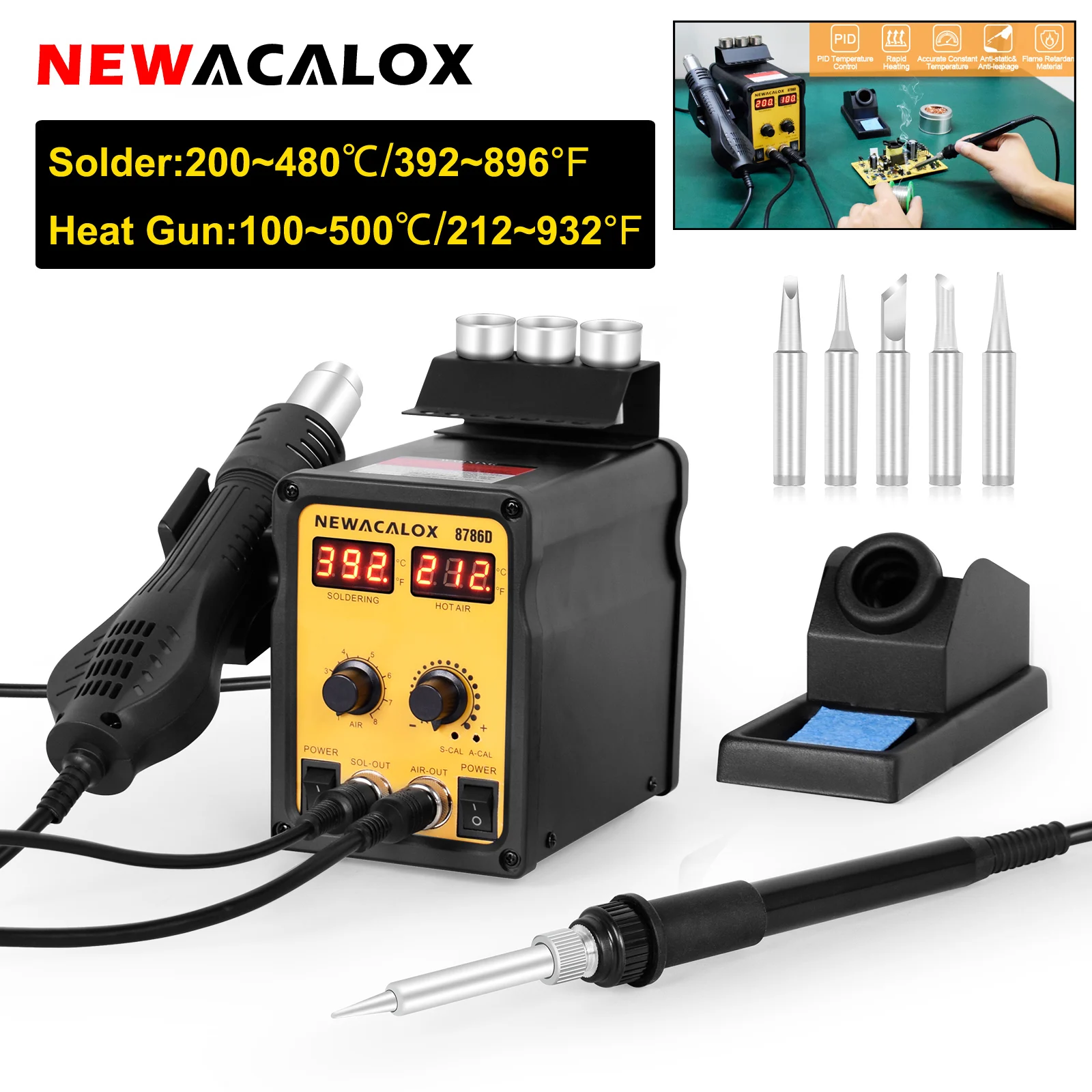 NEWACALOX-SMD Retrabalho Estação De Solda, Display Digital LED, Hot Air Gun, Ferro De Solda, Ferramentas De Reparação De Solda, ° C, ° F Conversão, 2 em 1