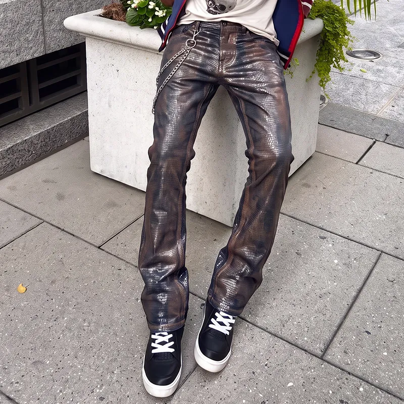 Mens Rust Speckled Snake Scale Jeans Waxed Coated Denim Fit Flare Pants for Distressed Avant Garde Streetwear Looks