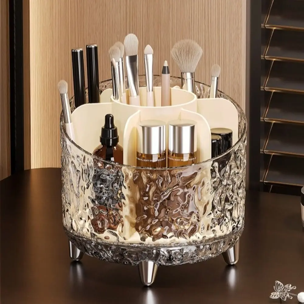 

360° Rotating Makeup Brush Storage Box Glacier Pattern Space Saving Makeup Brush Holder Compartment Clear