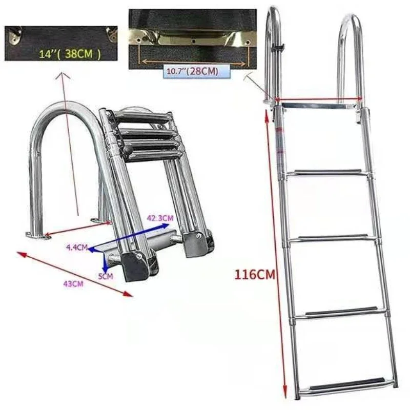 4 Step Pontoon Boat Ladder Stainless Steel  Ladder Folding Over Dock Swimming Boat Ladder