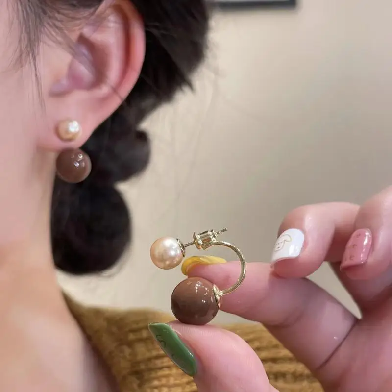 

925 Silver Needle Korean Vintage Brown Pearl Earrings For Women Jewelry 2025 Trending New Luxury Women's Red Ball Earrings gifts