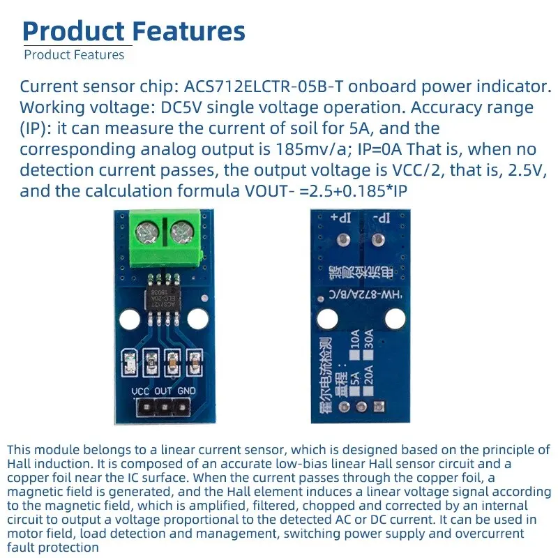 ACS712 Module 5A/20A/30A Range Current Detection Board ACS712-05B Hall Current Sensor