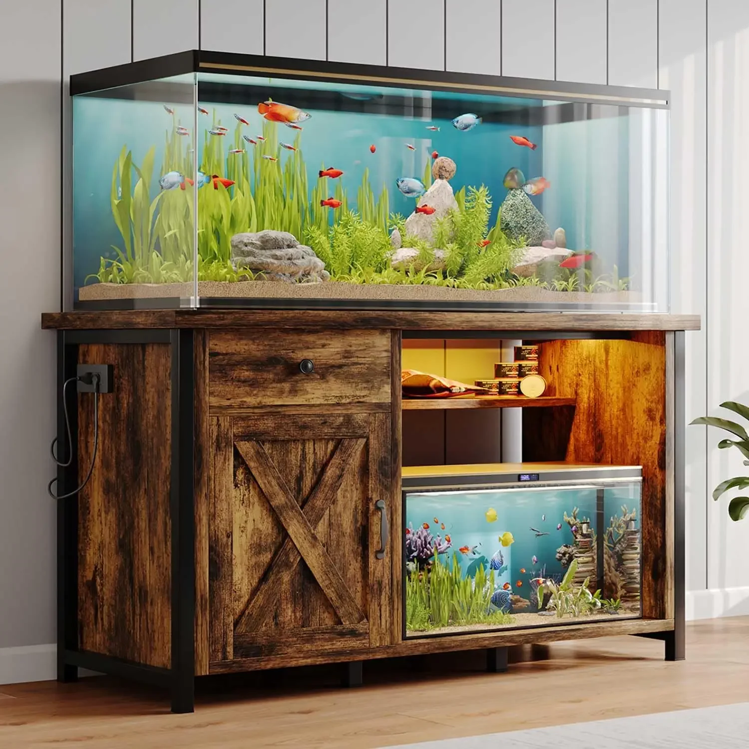 

55 75 Gallon Fish Tank Stand with Power Outlets LED Light Heavy Duty Aquarium Stand with Cabinet for Fish Tank Accessories