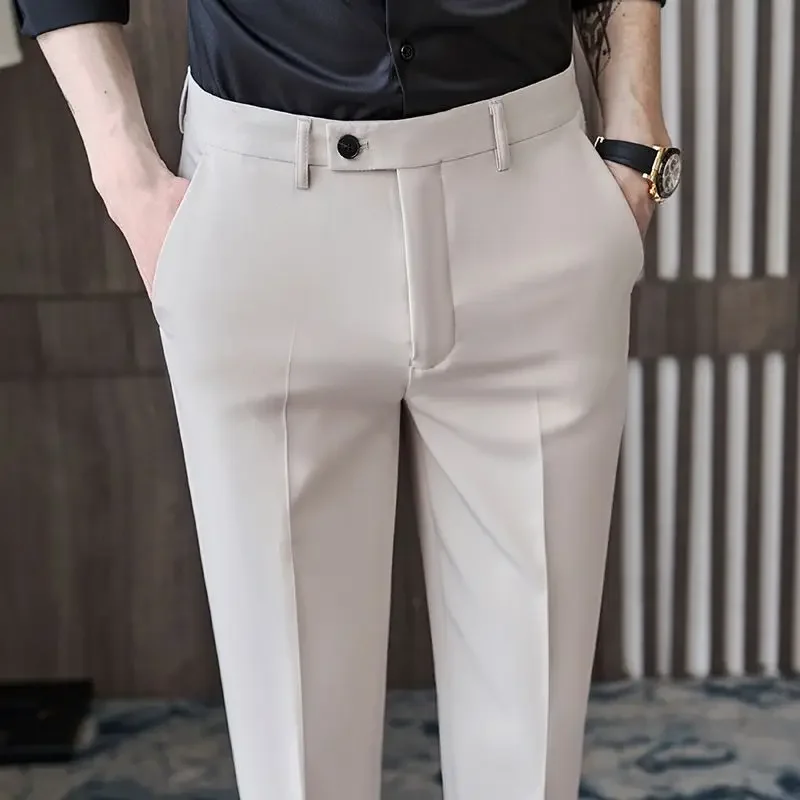 

British Style Spring New Solid Elegant Dress Pant Men Slim Fit Casual Office Trousers Formal Social Wedding Party Suit Pant