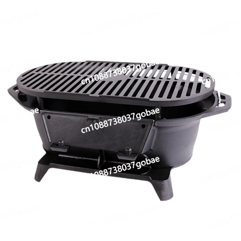 

Cast Iron BBQ Grill Uncoated with Grill Mesh Large Wood Carbon Fireplace Outdoor Picnic Camping Team Building Ming Hot Pot