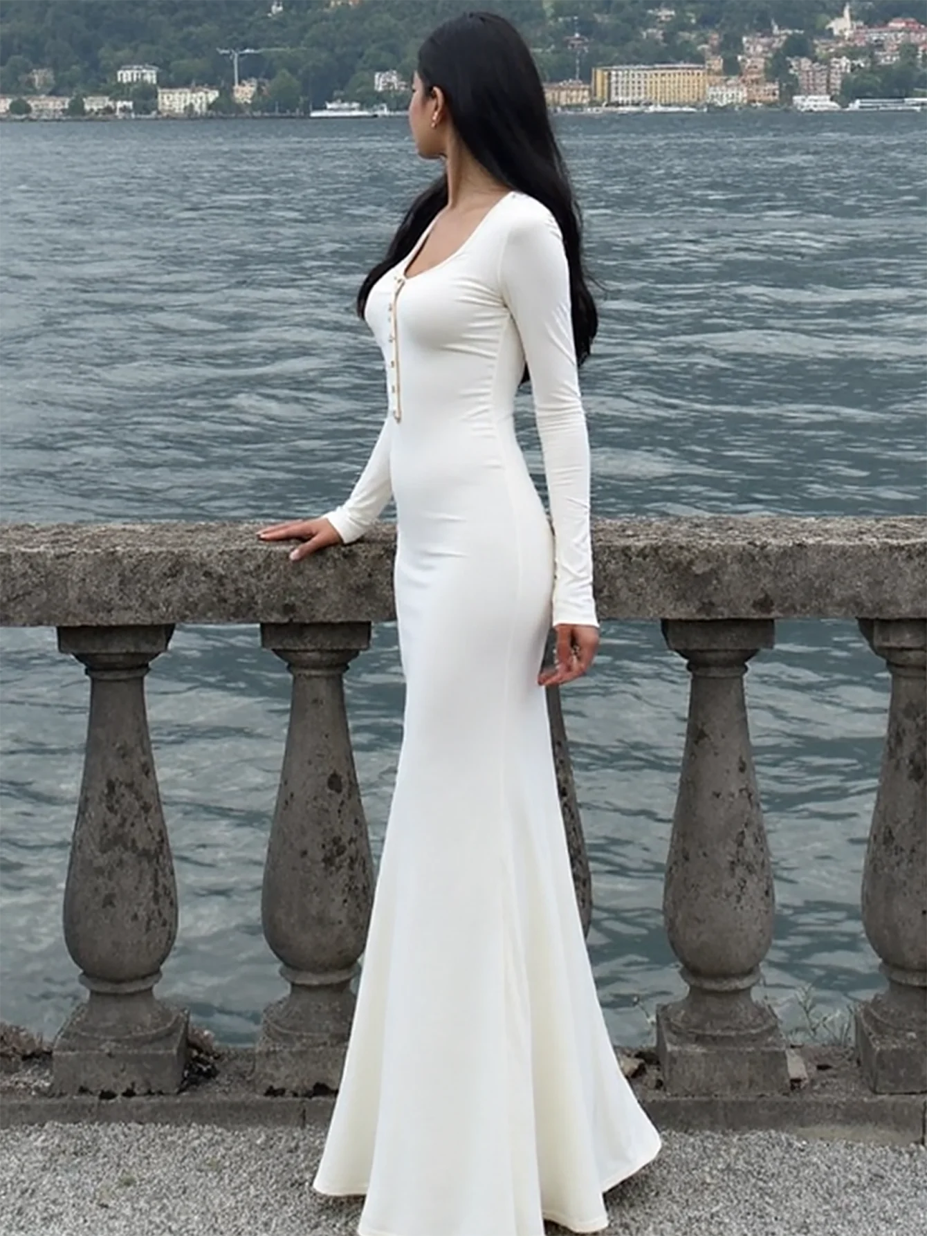 Dulzura 가을 솔리드 스퀘어 칼라 긴 소매 싱글 브레스트 롱 드레스 여성 캐주얼 우아한 복장 파티 클럽 스트리트 의류