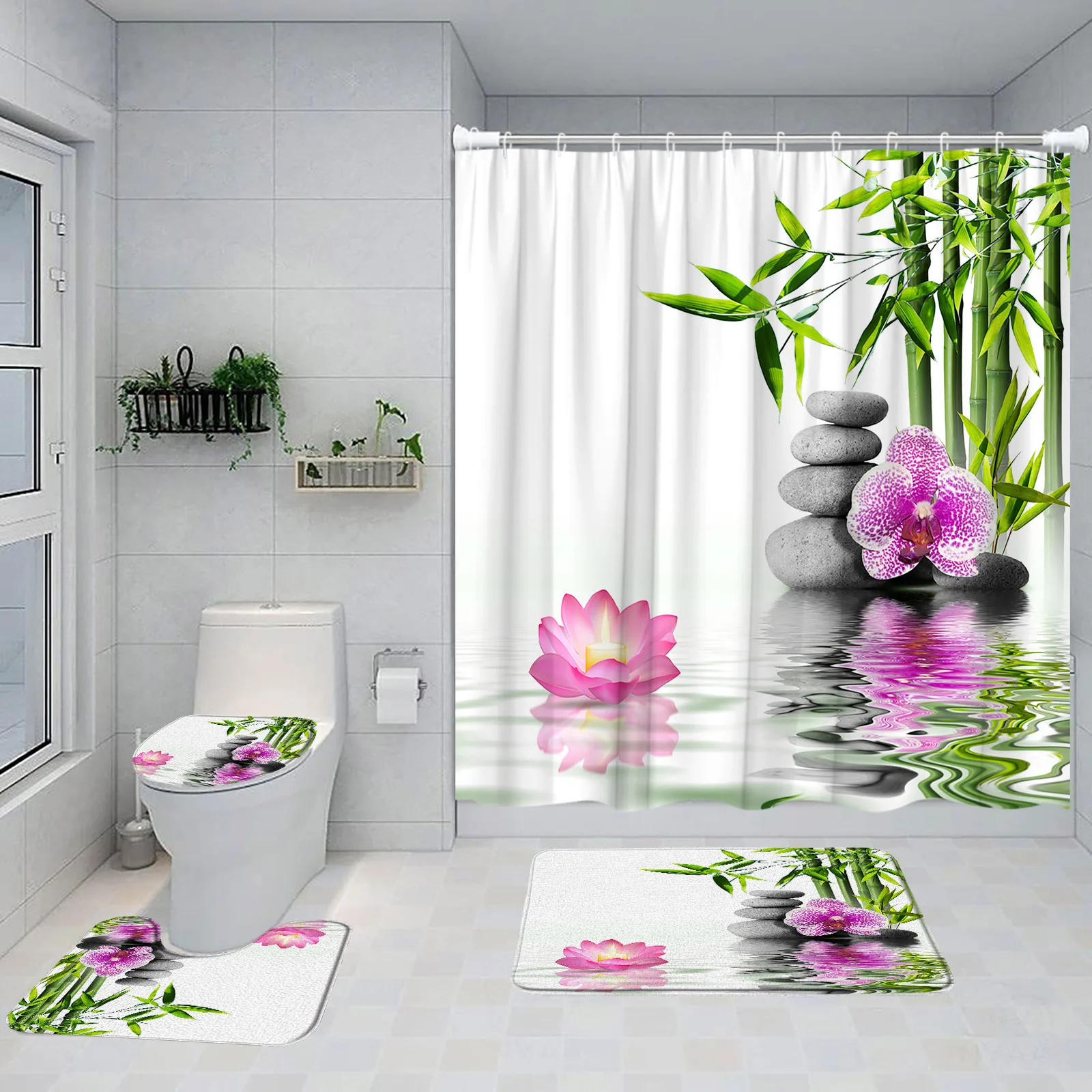 Zen Green Bamboo Shower Curtain Set Pink Lotus Orchid Grey Stone Spa Scenery Bathroom Decor Non-Slip Rug Bath Mats Toilet Cover