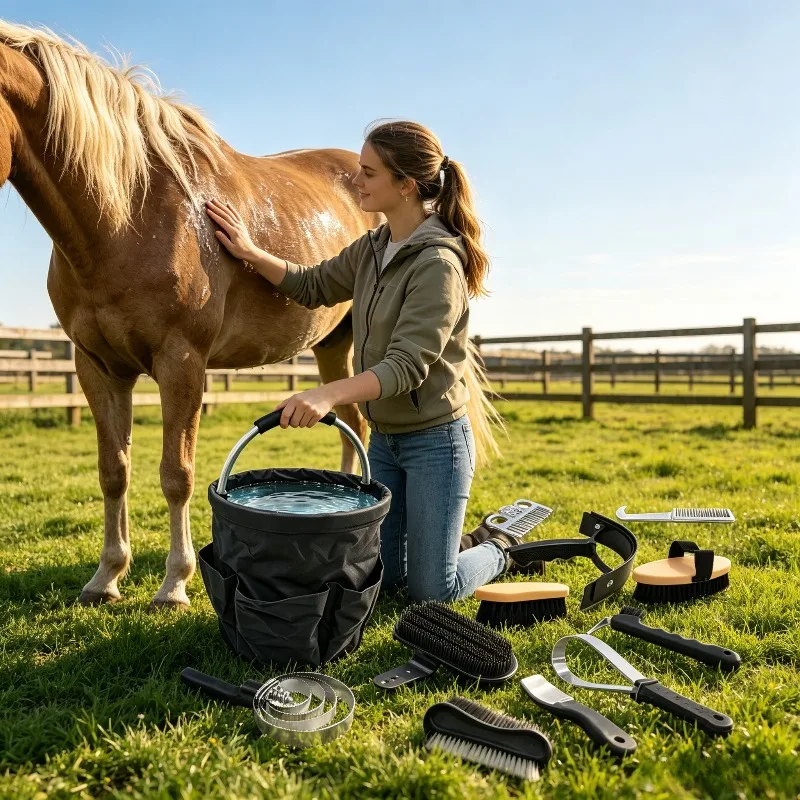 12 PCS Horse Grooming Kit Large Capacity Foldable Storage Bucket Horse Brush Comb Sweat Scraper Hoof Pick Set for Care Cleaning