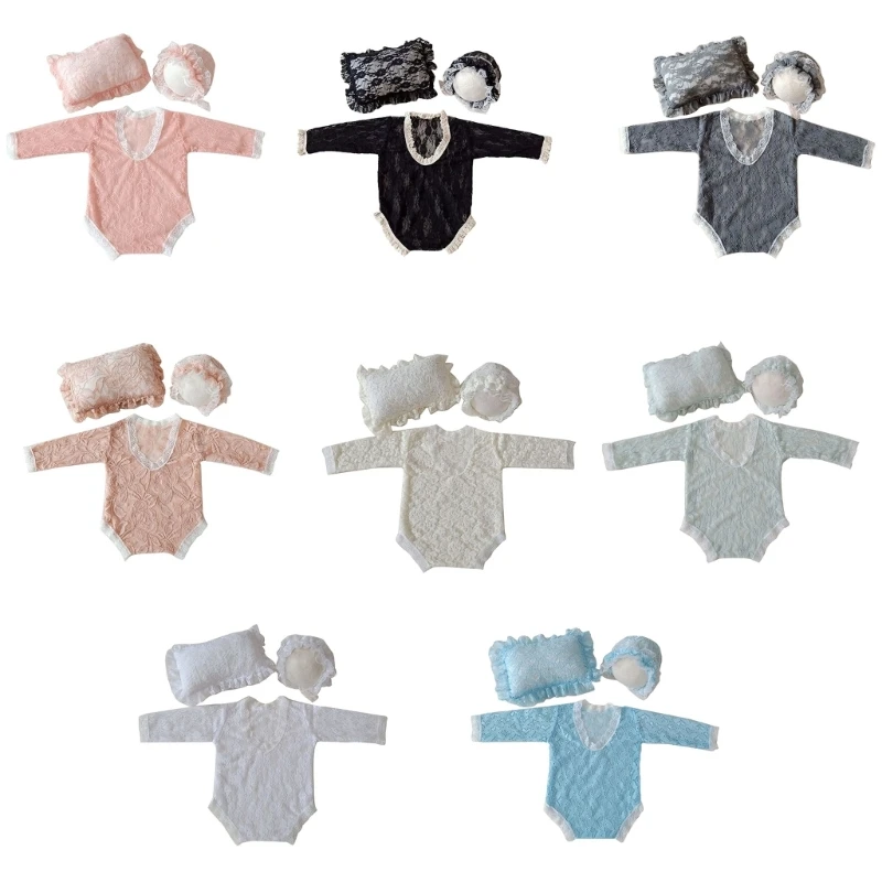 Baby Photo Clothes Lacy Jumpsuit Newborn Costume Photo Props One-Piece Romper Photo Hat Skin-Friendly Photoshoot Outfit